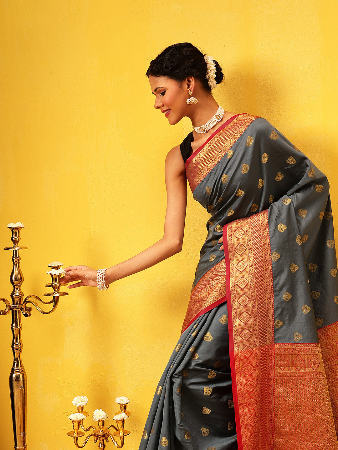 Hiral Fashion Grey Kanjeevaram Silk Woven Design Saree
