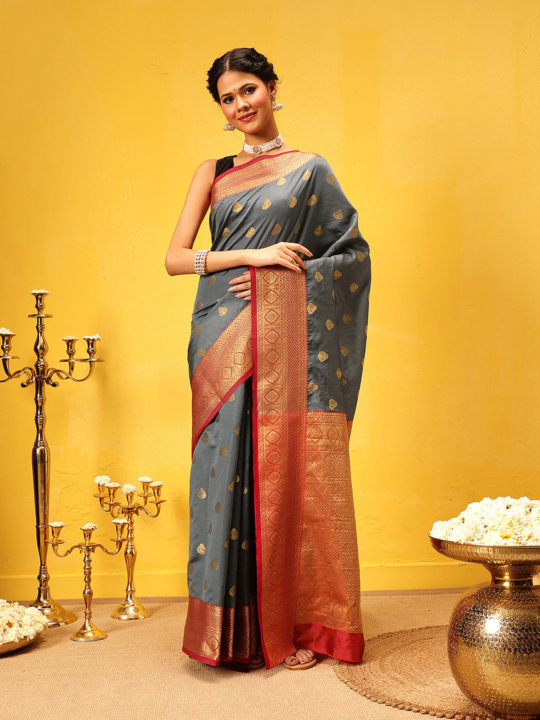Hiral Fashion Grey Kanjeevaram Silk Woven Design Saree