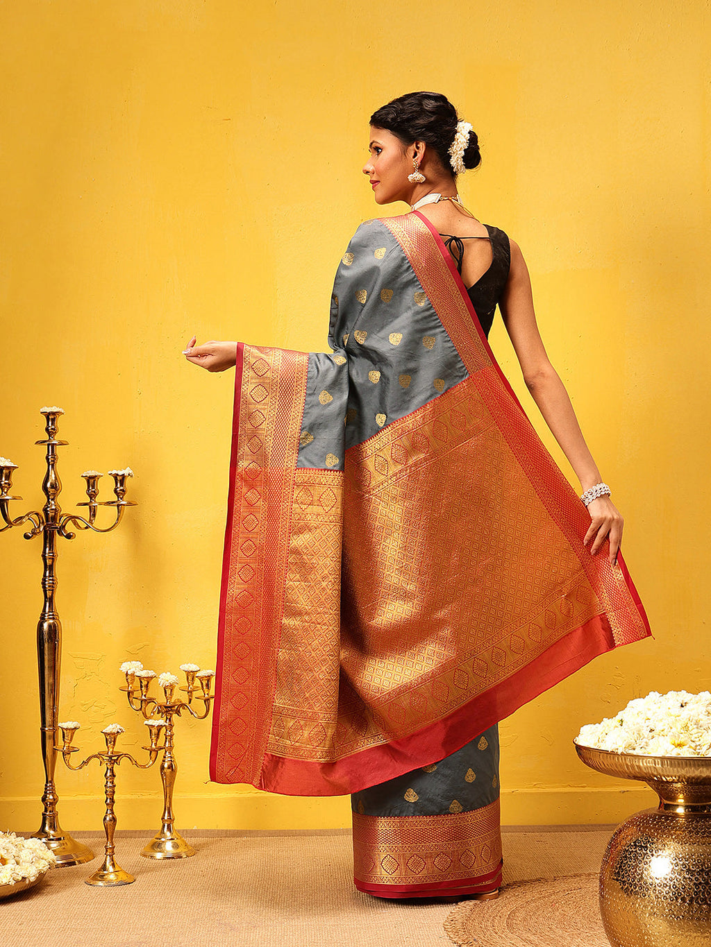 Hiral Fashion Grey Kanjeevaram Silk Woven Design Saree