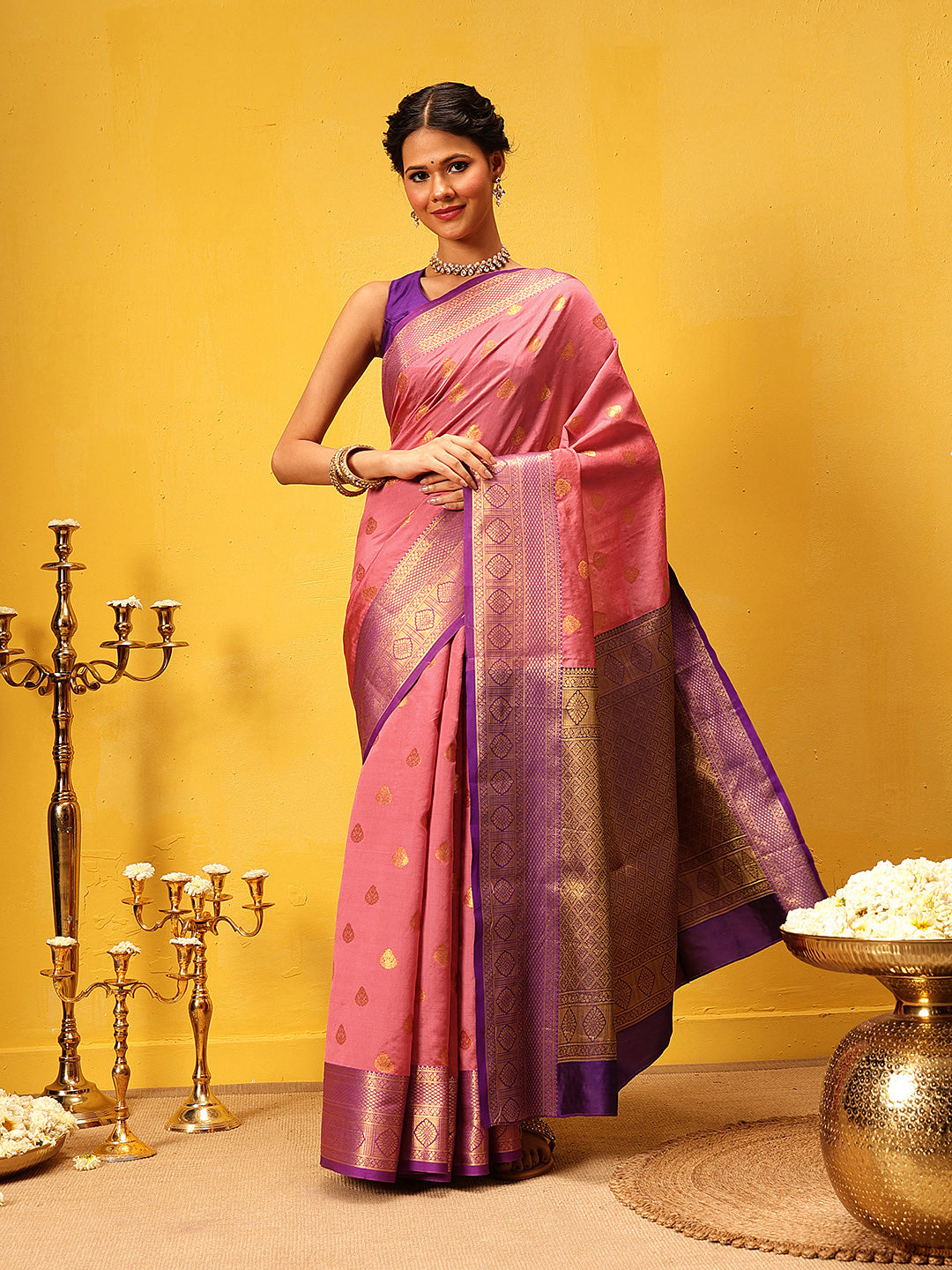 Hiral Fashion Pink Kanjeevaram Silk Woven Design Saree