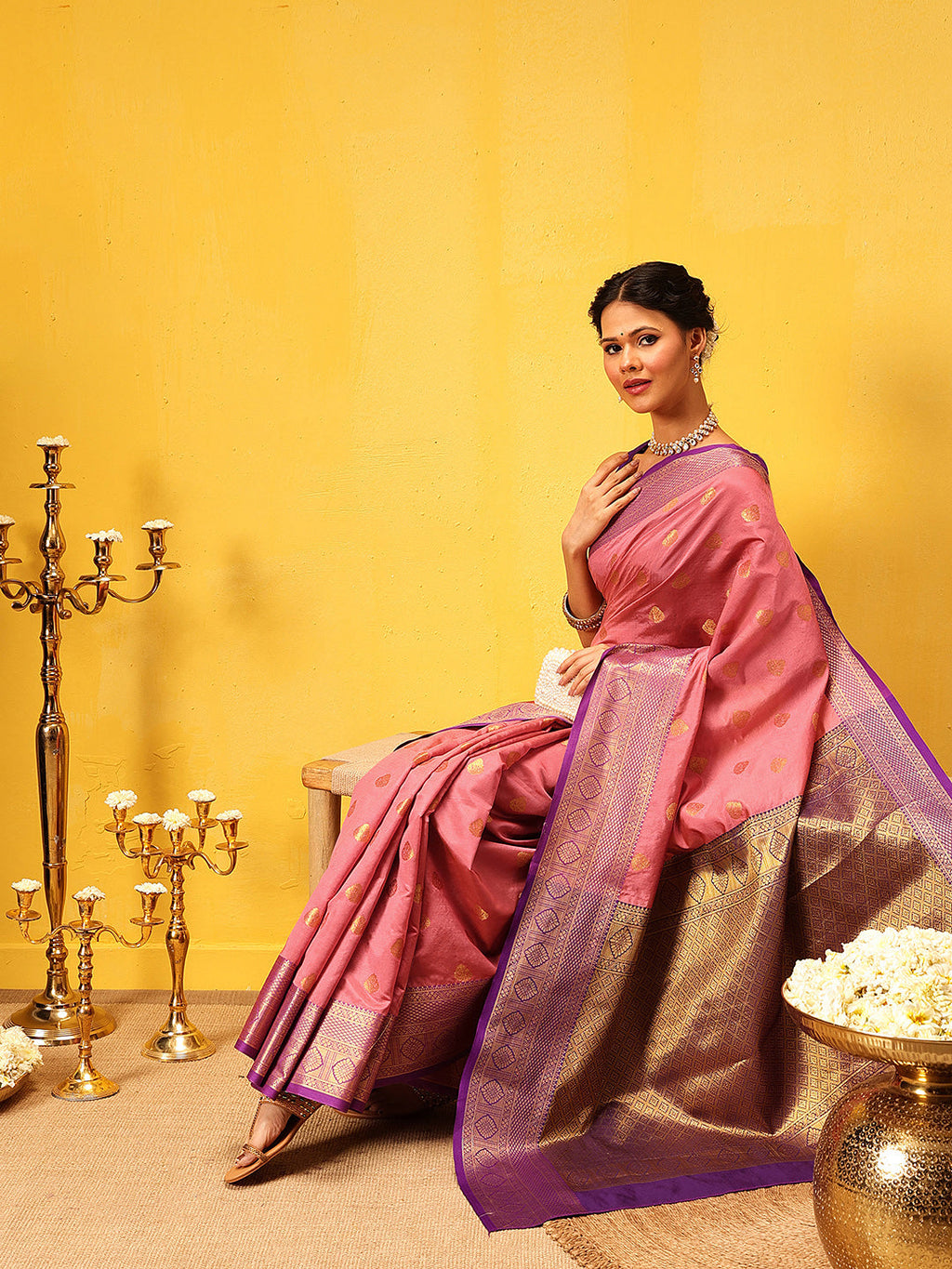 Hiral Fashion Pink Kanjeevaram Silk Woven Design Saree