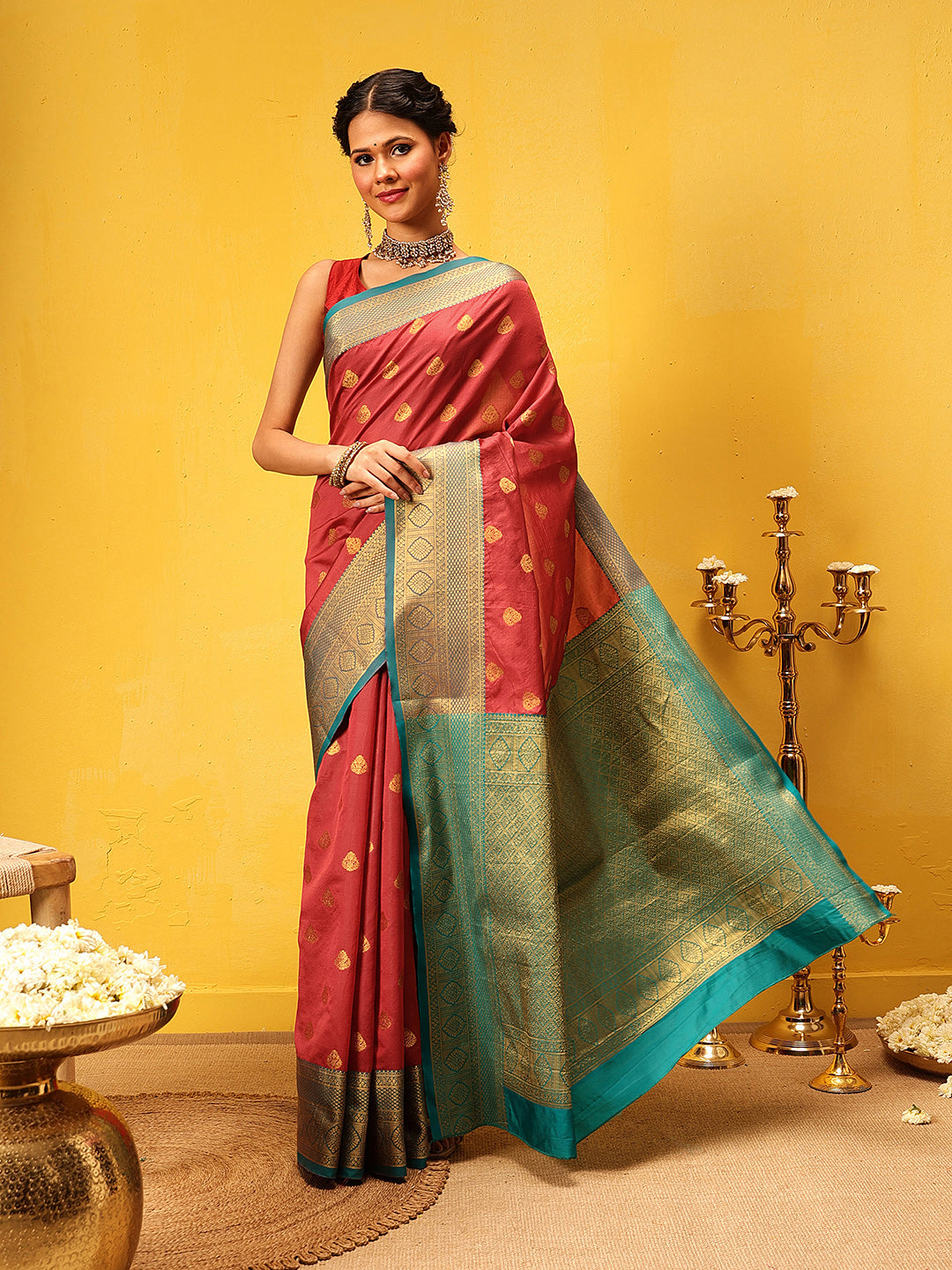 Hiral Fashion Red Kanjeevaram Silk Woven Design Saree