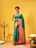 Hiral Fashion Teal Kanjeevaram Silk Woven Design Saree