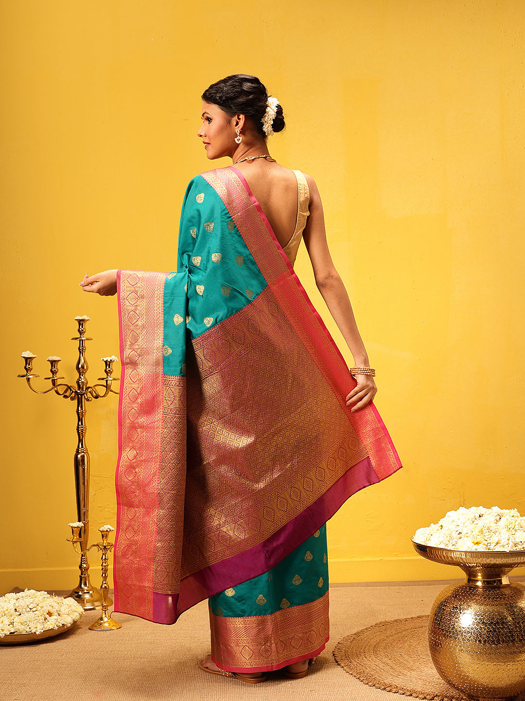 Hiral Fashion Teal Kanjeevaram Silk Woven Design Saree