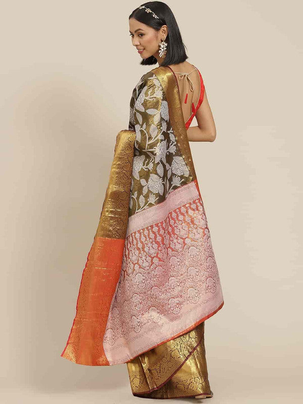 Black Pure Silk Embellished Floral Saree with Unstitched Blouse - Hiral Fashion