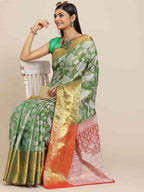 Hiral Fashion Green Banarasi Tissue Silk Floral Zari Woven Saree
