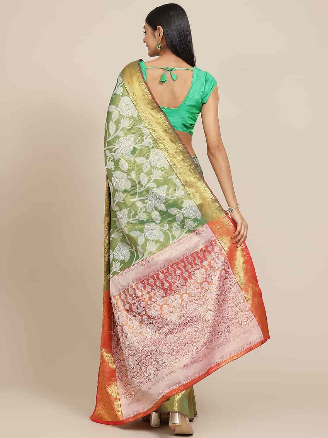 Hiral Fashion Green Banarasi Tissue Silk Floral Zari Woven Saree