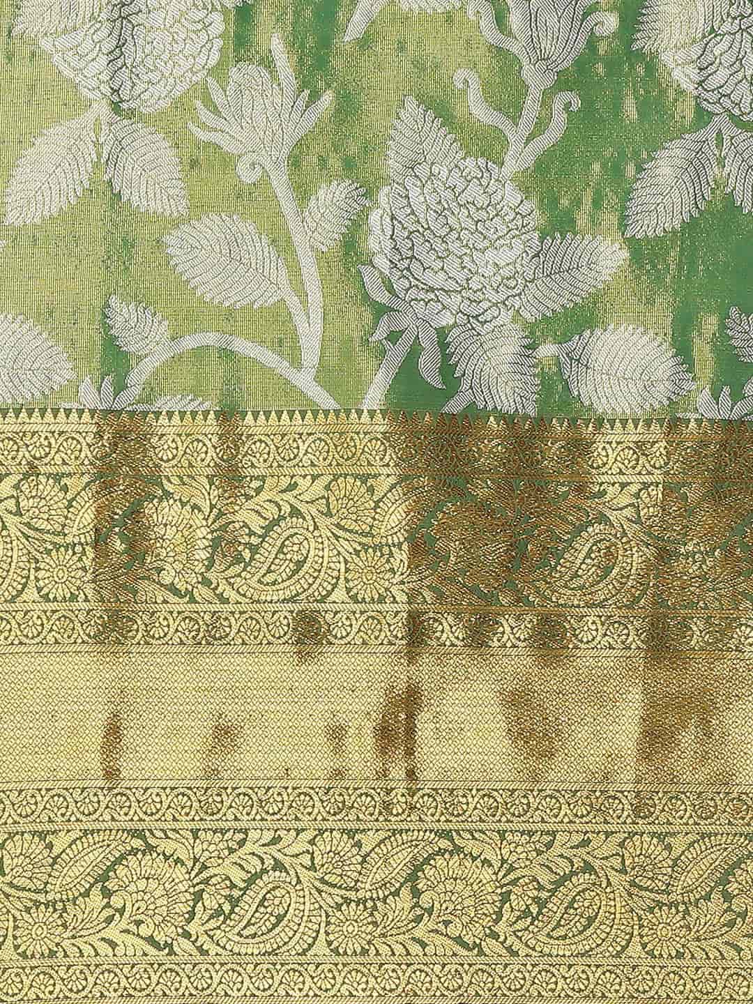 Hiral Fashion Green Banarasi Tissue Silk Floral Zari Woven Saree