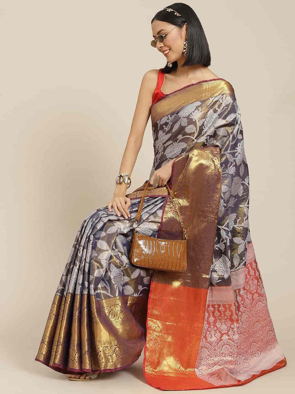 Navy Blue Pure Silk Embellished Floral Saree with Unstitched Blouse - Hiral Fashion