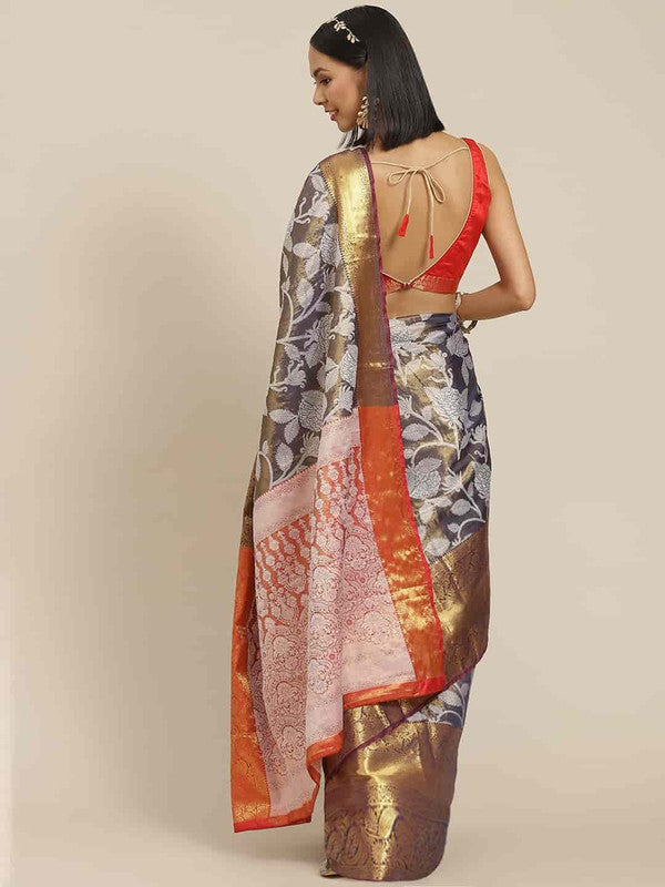Navy Blue Pure Silk Embellished Floral Saree with Unstitched Blouse - Hiral Fashion