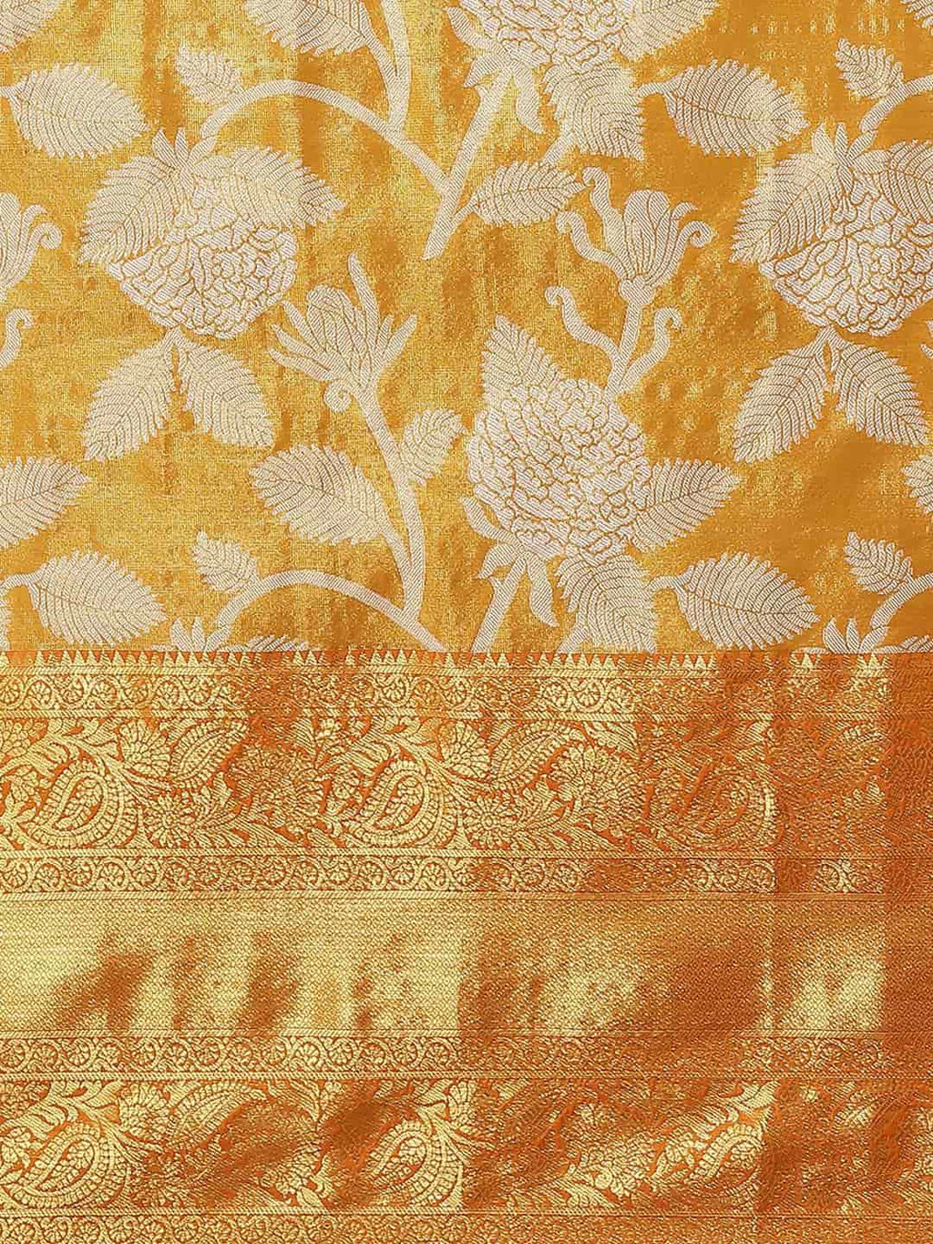 Hiral Fashion Orange Banarasi Tissue Silk Floral Zari Woven Saree