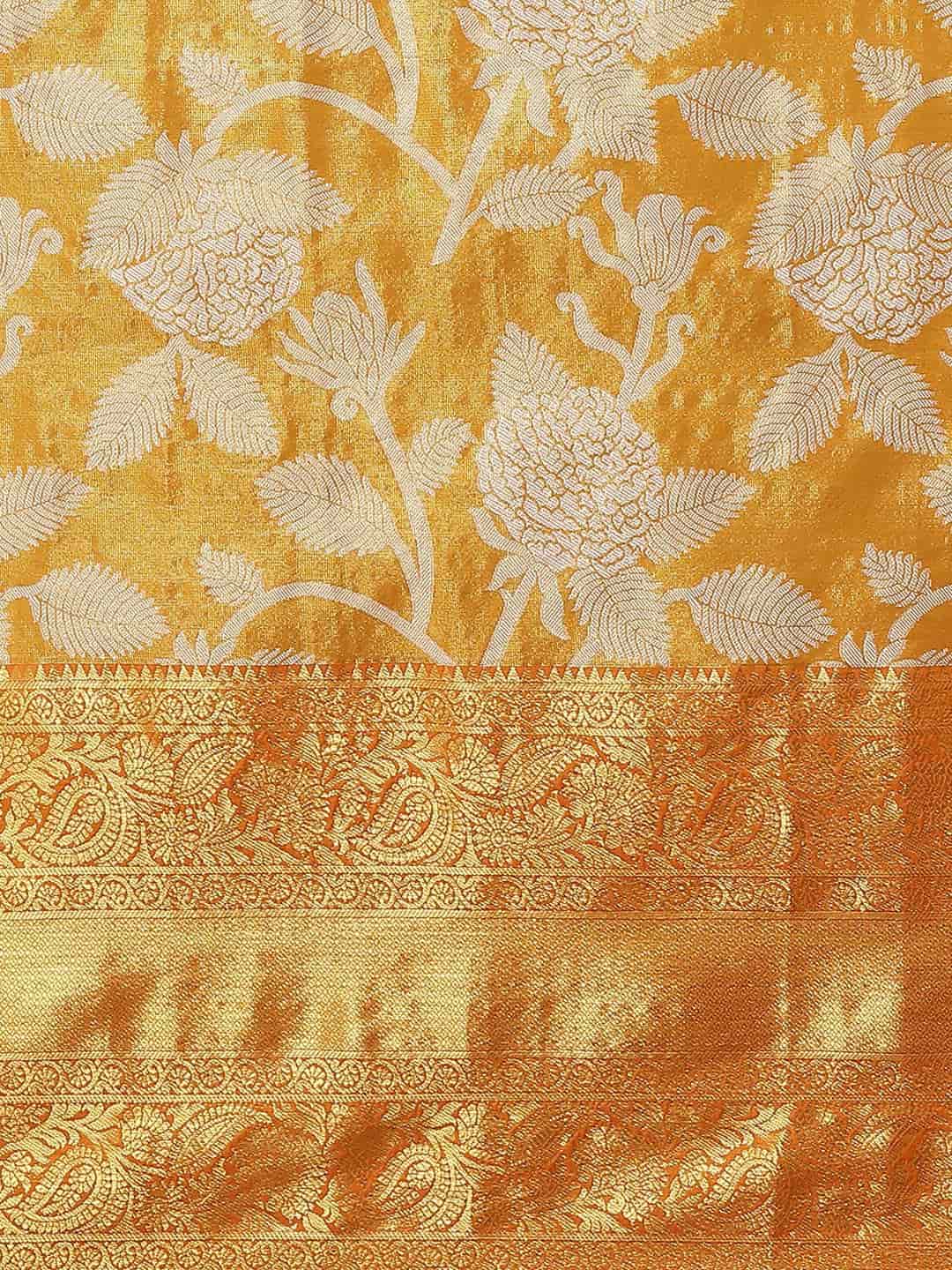 Hiral Fashion Orange Banarasi Tissue Silk Floral Zari Woven Saree