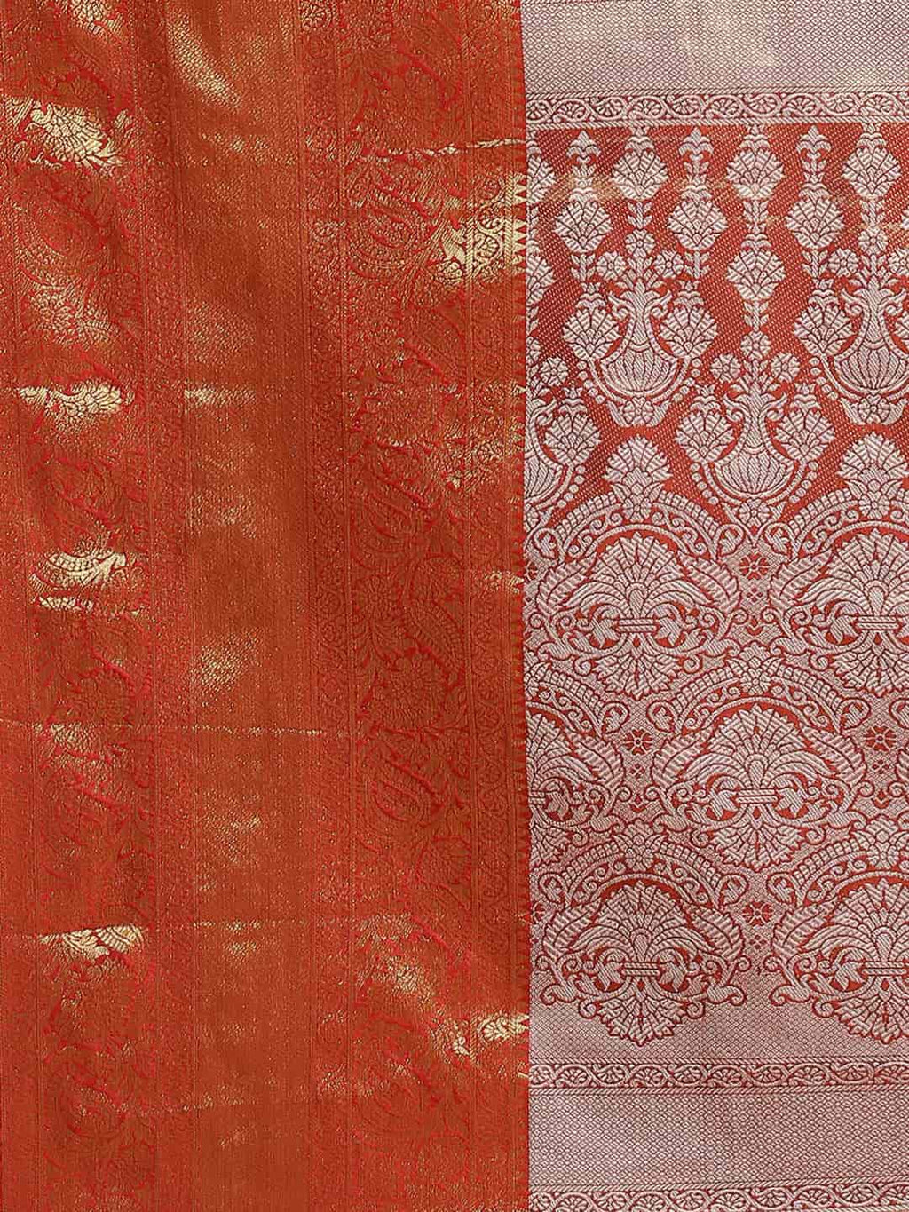 Hiral Fashion Orange Banarasi Tissue Silk Floral Zari Woven Saree