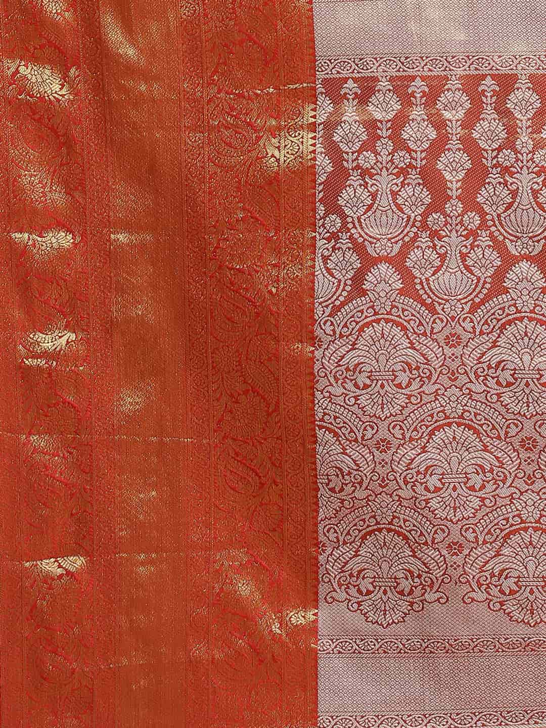 Hiral Fashion Orange Banarasi Tissue Silk Floral Zari Woven Saree