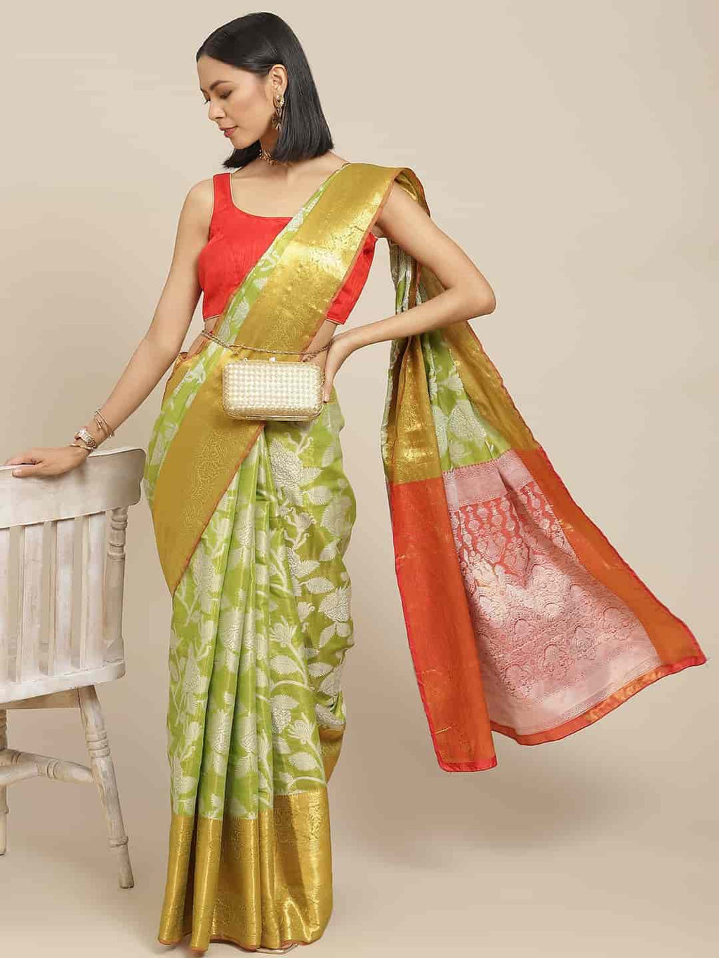 Hiral Fashion Green Banarasi Tissue Silk Floral Zari Woven Saree