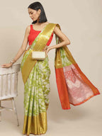 Hiral Fashion Green Banarasi Tissue Silk Floral Zari Woven Saree