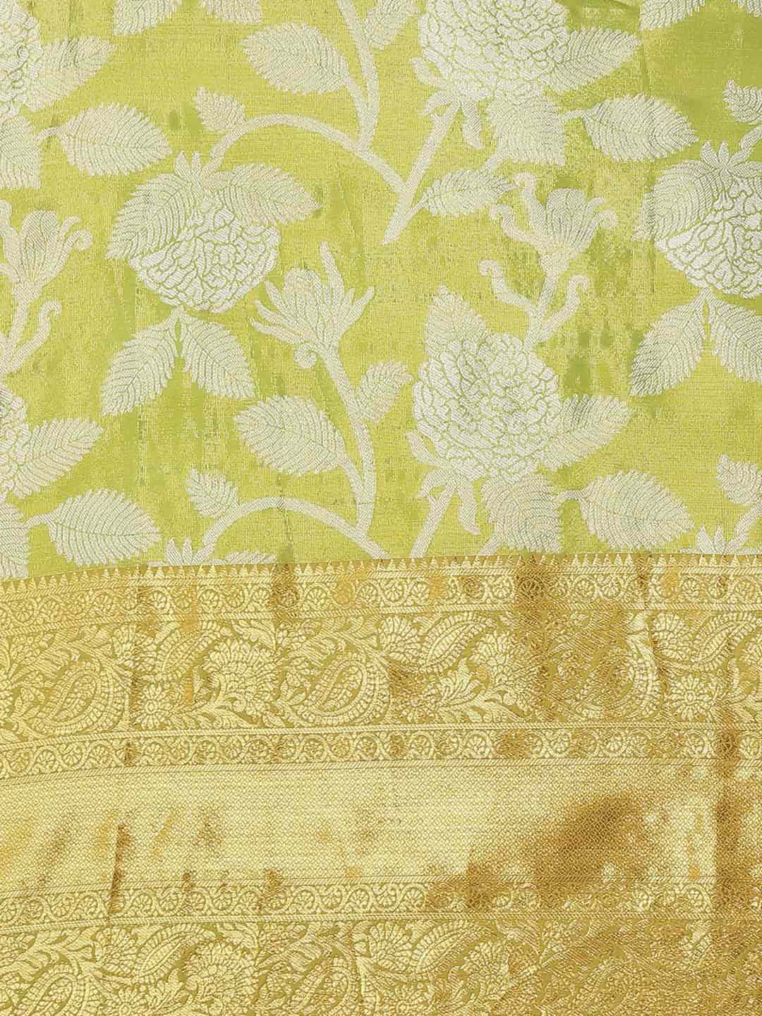 Hiral Fashion Green Banarasi Tissue Silk Floral Zari Woven Saree
