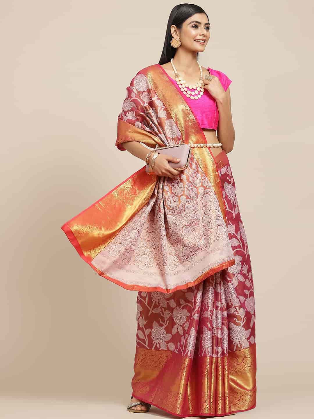 Hiral Fashion Pink Banarasi Tissue Silk Floral Zari Woven Saree