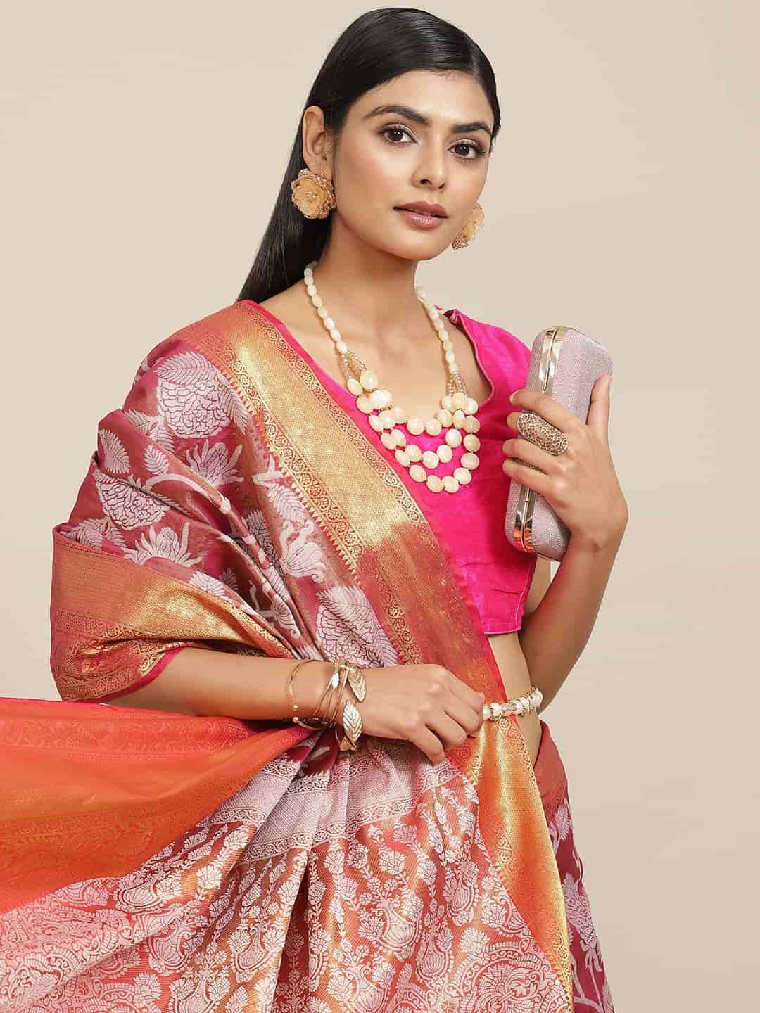 Hiral Fashion Pink Banarasi Tissue Silk Floral Zari Woven Saree