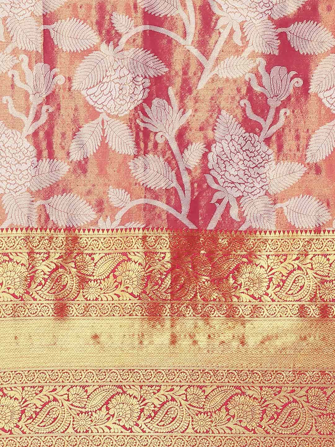 Hiral Fashion Pink Banarasi Tissue Silk Floral Zari Woven Saree