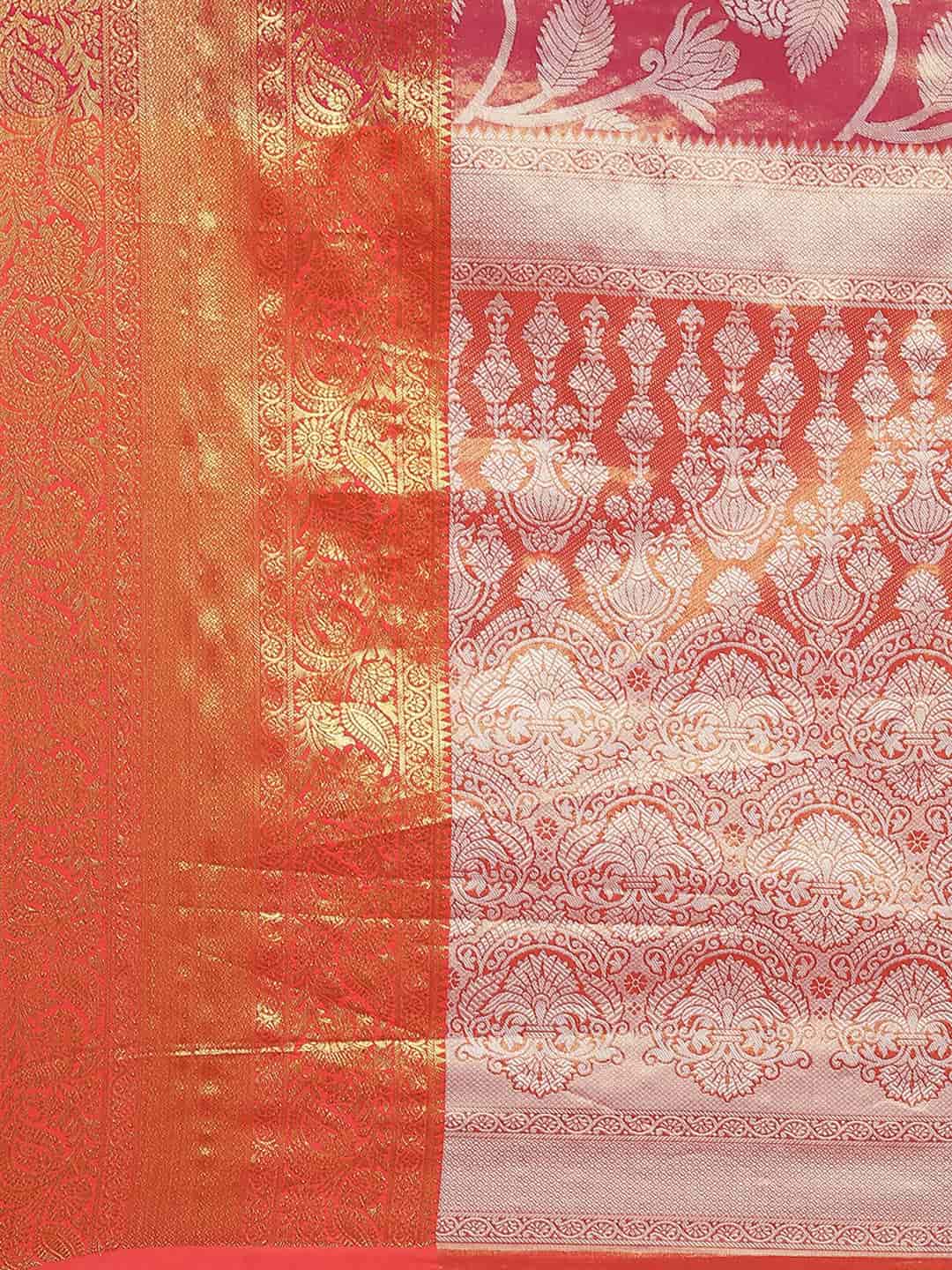 Hiral Fashion Pink Banarasi Tissue Silk Floral Zari Woven Saree