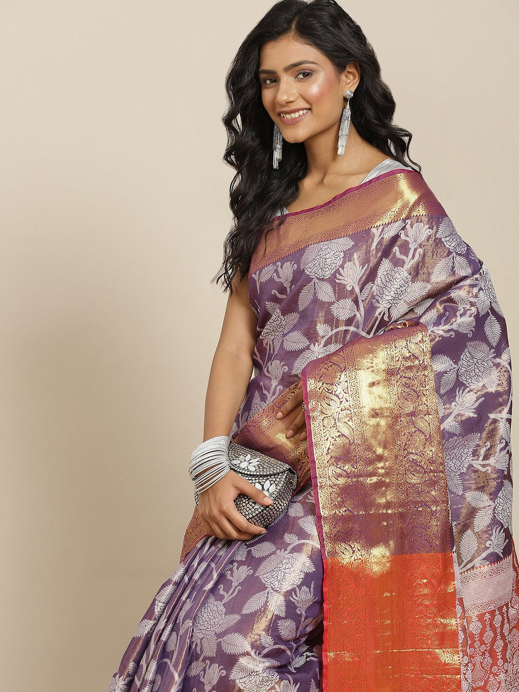 Hiral Fashion Purple Banarasi Tissue Silk Floral Zari Woven Saree