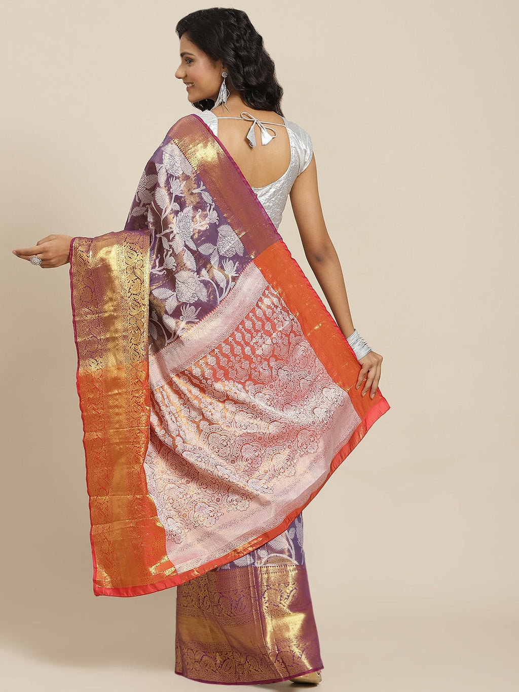 Hiral Fashion Purple Banarasi Tissue Silk Floral Zari Woven Saree