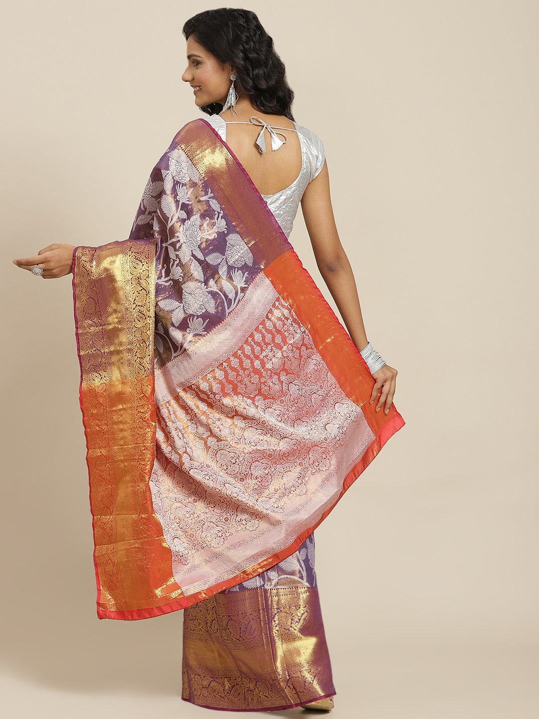 Hiral Fashion Purple Banarasi Tissue Silk Floral Zari Woven Saree
