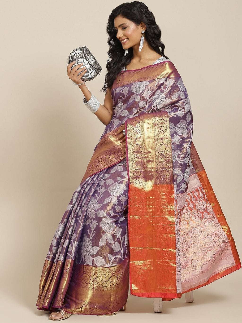 Hiral Fashion Purple Banarasi Tissue Silk Floral Zari Woven Saree