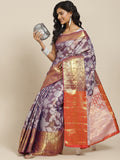 Hiral Fashion Purple Banarasi Tissue Silk Floral Zari Woven Saree