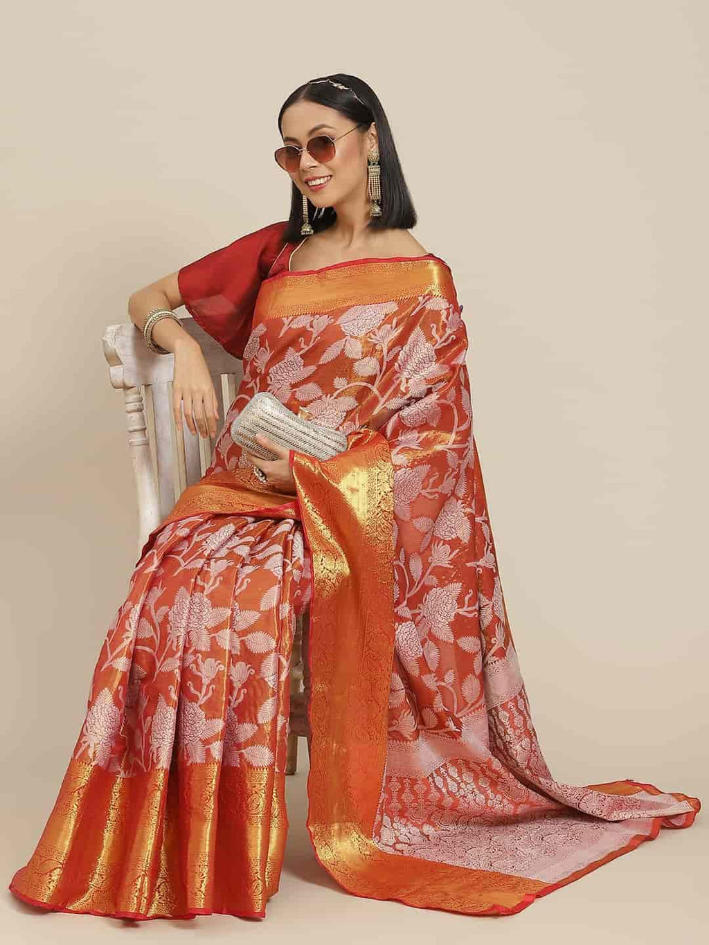 Red Pure Silk Embellished Floral Saree with Unstitched Blouse - Hiral Fashion