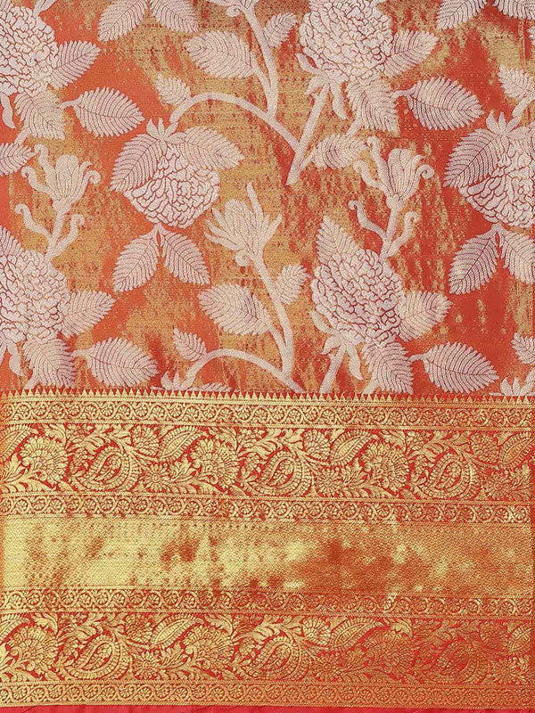 Red Pure Silk Embellished Floral Saree with Unstitched Blouse - Hiral Fashion