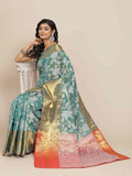 Turquoise Pure Silk Embellished Floral Saree with Unstitched Blouse - Hiral Fashion
