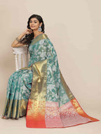 Turquoise Pure Silk Embellished Floral Saree with Unstitched Blouse - Hiral Fashion