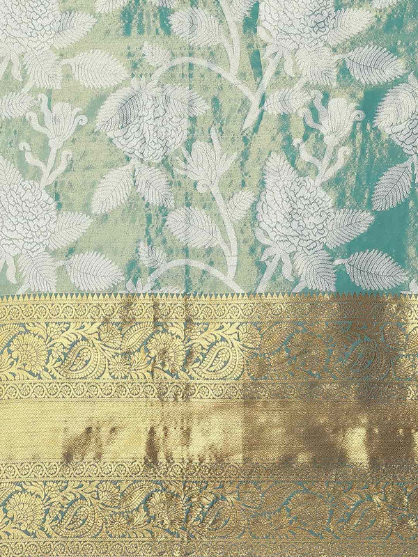 Turquoise Pure Silk Embellished Floral Saree with Unstitched Blouse - Hiral Fashion