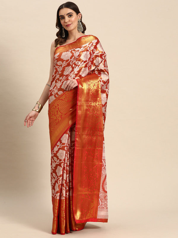 Orange Tissue Silk Woven Zari Design Floral Saree with Unstitched Blouse - Hiral Fashion