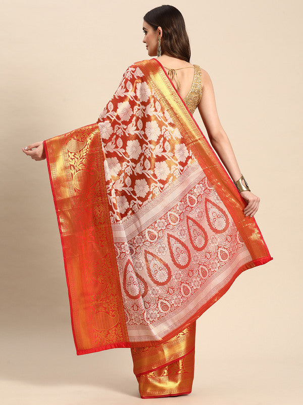 Orange Tissue Silk Woven Zari Design Floral Saree with Unstitched Blouse - Hiral Fashion