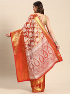 Orange Tissue Silk Woven Zari Design Floral Saree with Unstitched Blouse - Hiral Fashion