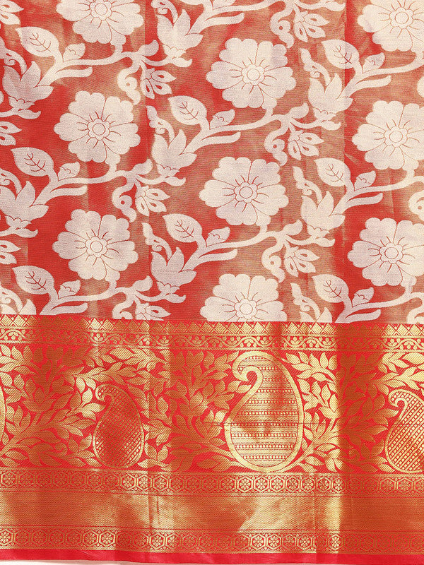Orange Tissue Silk Woven Zari Design Floral Saree with Unstitched Blouse - Hiral Fashion