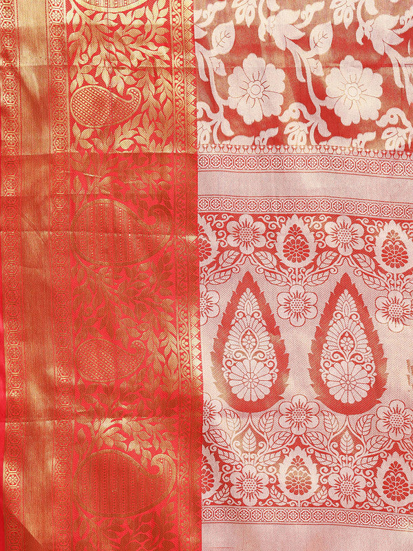 Orange Tissue Silk Woven Zari Design Floral Saree with Unstitched Blouse - Hiral Fashion