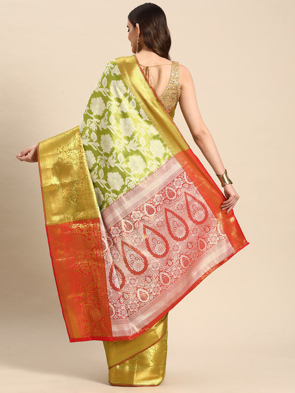 Green Tissue Silk Woven Zari Design Floral Saree with Unstitched Blouse - Hiral Fashion