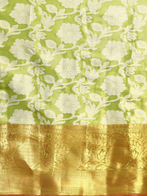 Green Tissue Silk Woven Zari Design Floral Saree with Unstitched Blouse - Hiral Fashion