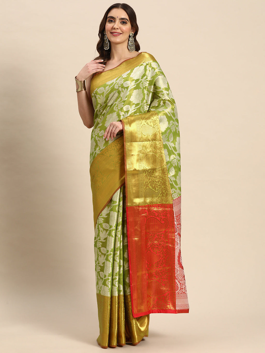 Green Tissue Silk Woven Zari Design Floral Saree with Unstitched Blouse - Hiral Fashion