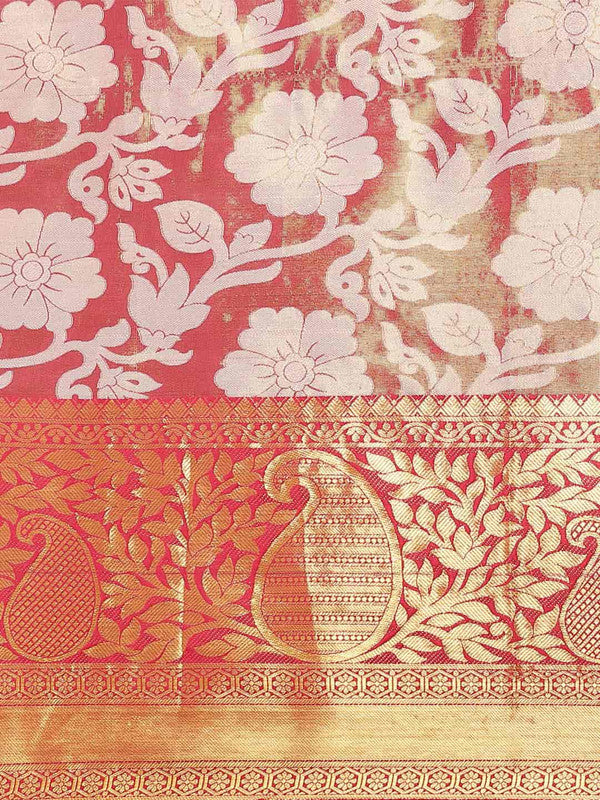 Pink Tissue Silk Woven Zari Design Floral Saree with Unstitched Blouse - Hiral Fashion