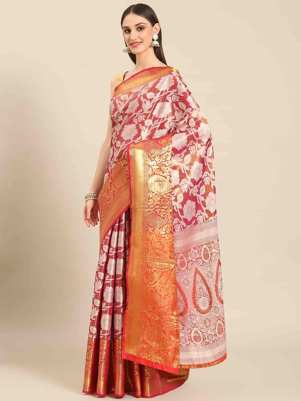 Pink Tissue Silk Woven Zari Design Floral Saree with Unstitched Blouse - Hiral Fashion
