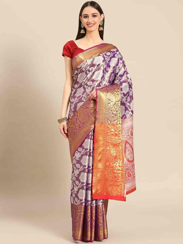 Purple Tissue Silk Woven Zari Design Floral Saree with Unstitched Blouse - Hiral Fashion