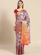 Purple Tissue Silk Woven Zari Design Floral Saree with Unstitched Blouse - Hiral Fashion