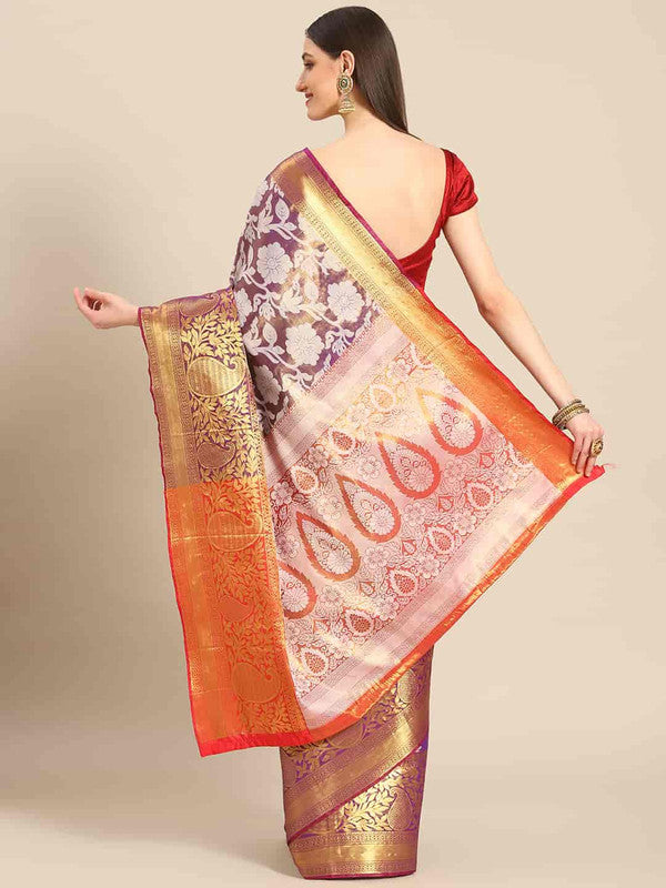 Purple Tissue Silk Woven Zari Design Floral Saree with Unstitched Blouse - Hiral Fashion