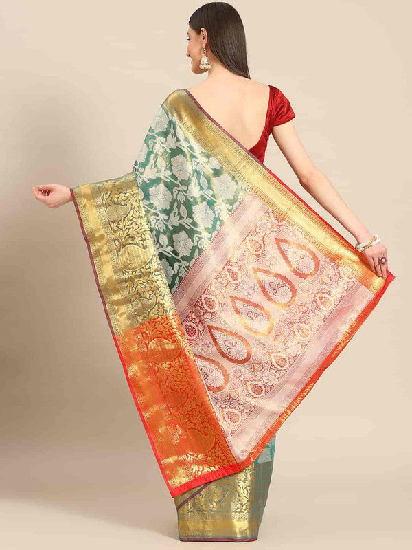 Turquoise Tissue Silk Woven Zari Design Floral Saree with Unstitched Blouse - Hiral Fashion