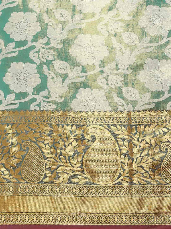 Turquoise Tissue Silk Woven Zari Design Floral Saree with Unstitched Blouse - Hiral Fashion